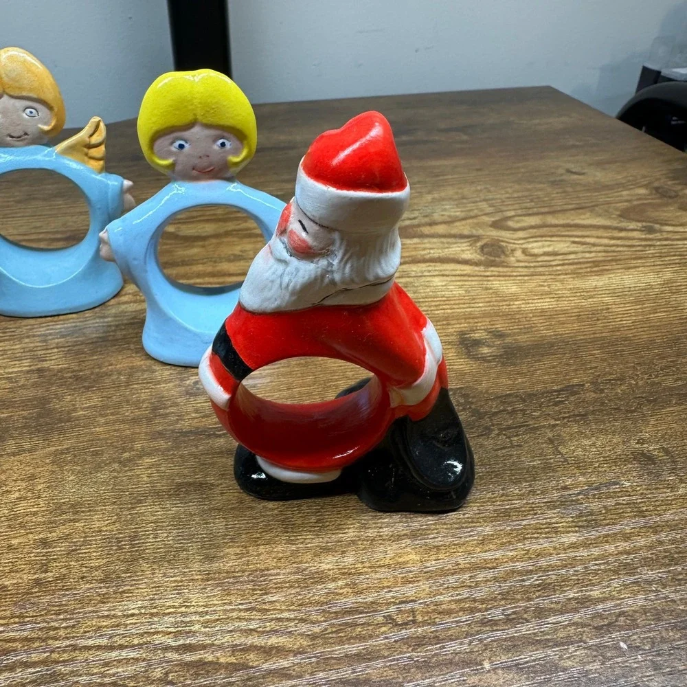 Vintage Christmas Ceramic Napkin Rings Set of 4 Santa Claus and Angels Blue Red
